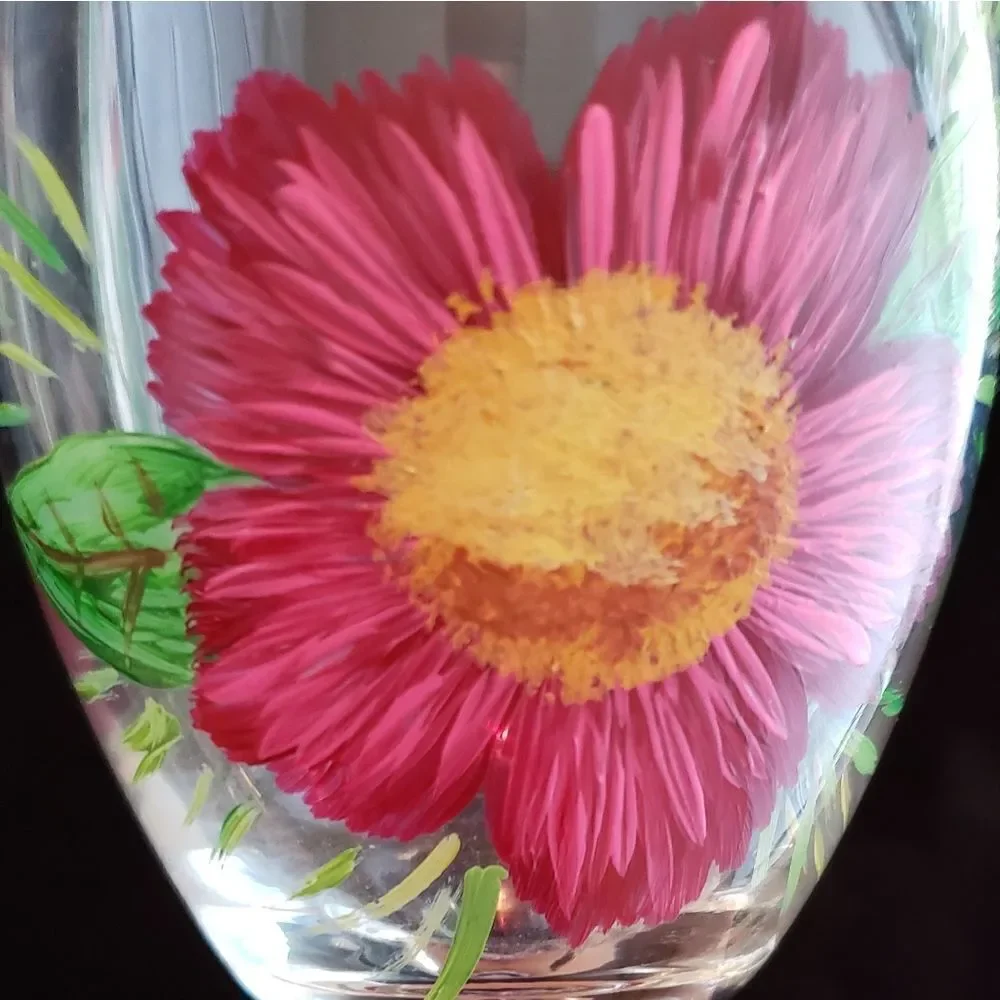 Brand New Pretty Floral Hand Painted Wine Glass